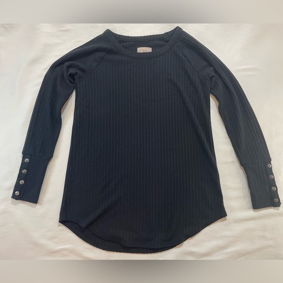 Chaser Top Womens Small Black Long Sleeve Waffle Knit Button Cuffs Crew Neck - Picture 1 of 9